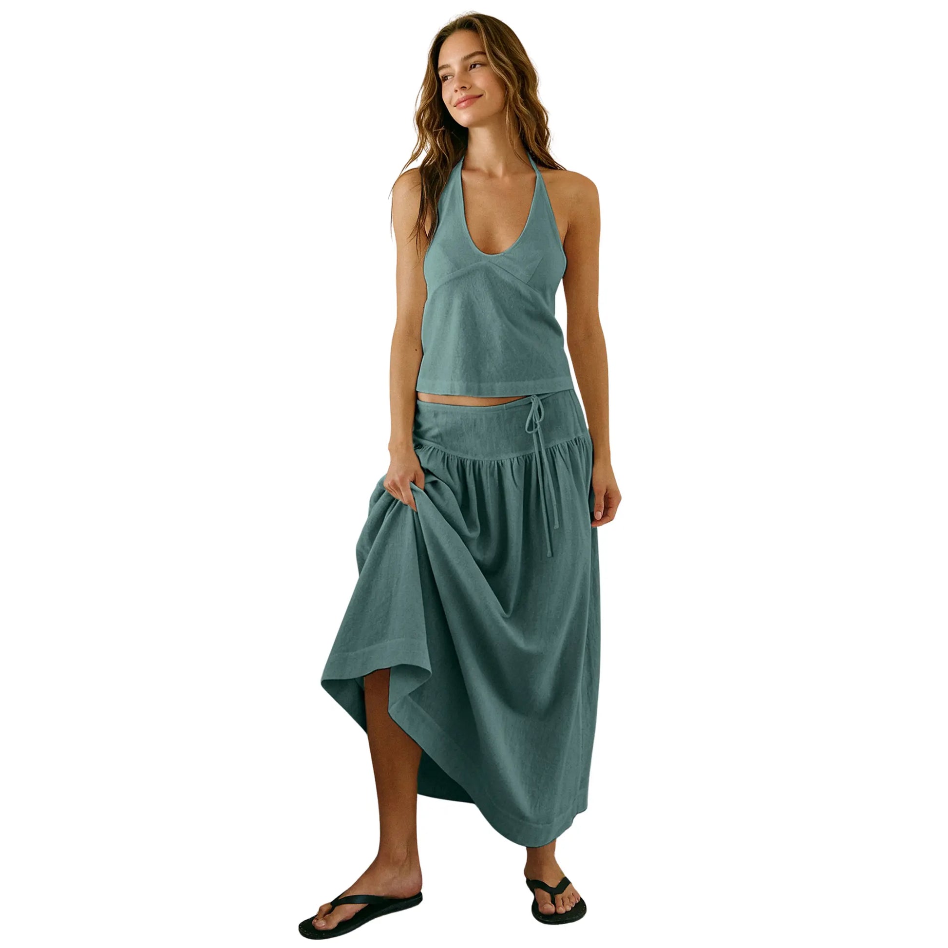 Mibbory 2 Piece Linen Skirt Set for Women 85%Cotton & 15%Linen Summer Outfits Sandshell Linen Skirt Set Sleeveless Halter Open Back Top Maxi Skirt Two Piece Sets with Pockets Cotton Blend Resort Vacation Casual Beach Travel Wear