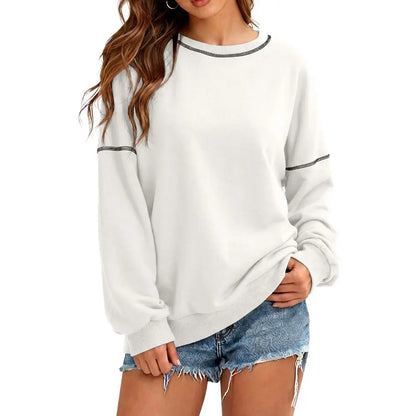 Dokotoo Womens Tops Casual Long Sleeve Oversized Shirts Crewneck Pullover Sweatshirts Autumn Winter Car Stitching Decoration Loose Sweatshirt
