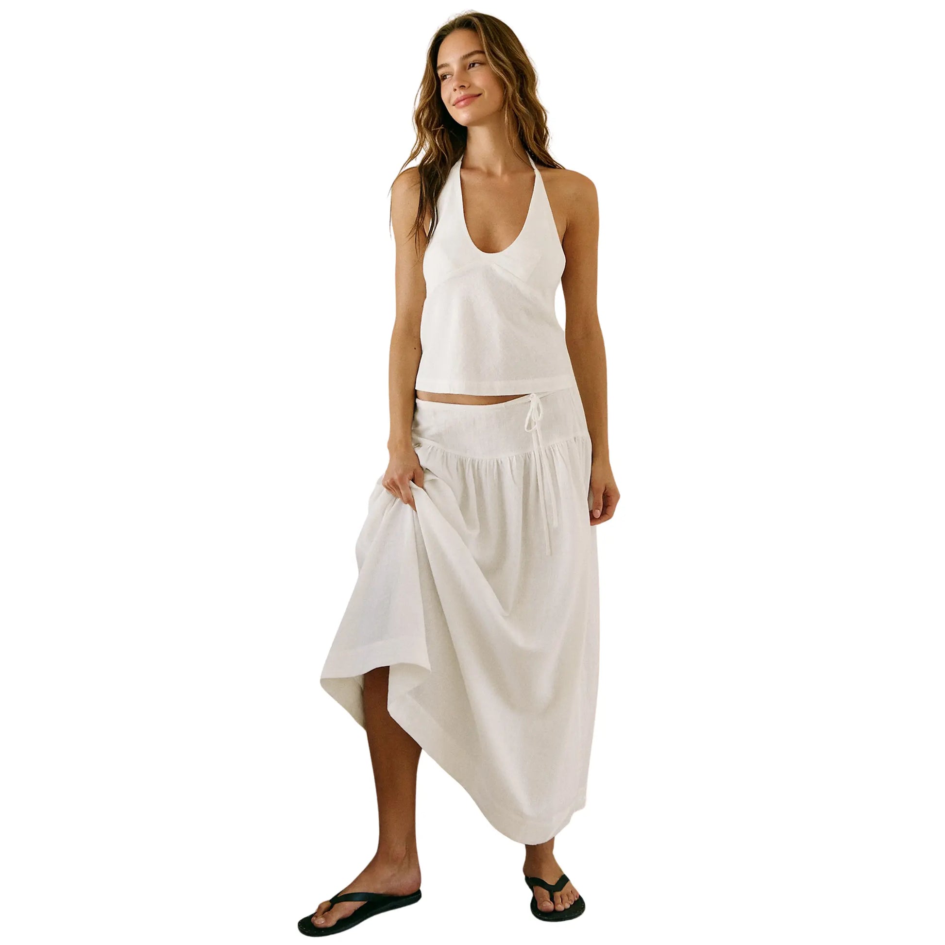 Mibbory 2 Piece Linen Skirt Set for Women 85%Cotton & 15%Linen Summer Outfits Sandshell Linen Skirt Set Sleeveless Halter Open Back Top Maxi Skirt Two Piece Sets with Pockets Cotton Blend Resort Vacation Casual Beach Travel Wear