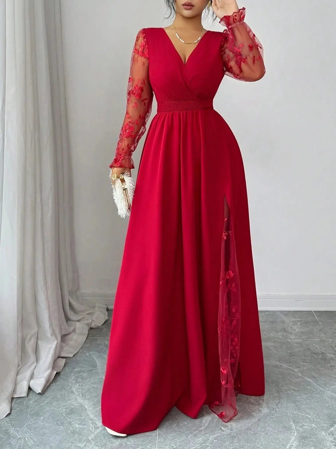 Summer Elegant Black Floral Autumn Dinner Deep V-Neck Lace Patchwork Long Sleeve High Slit Women Dress,Backless Mesh Embroidery Wedding Party Ball Gown