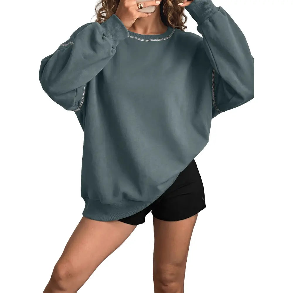 Dokotoo Womens Tops Casual Long Sleeve Oversized Shirts Crewneck Pullover Sweatshirts Autumn Winter Car Stitching Decoration Loose Sweatshirt