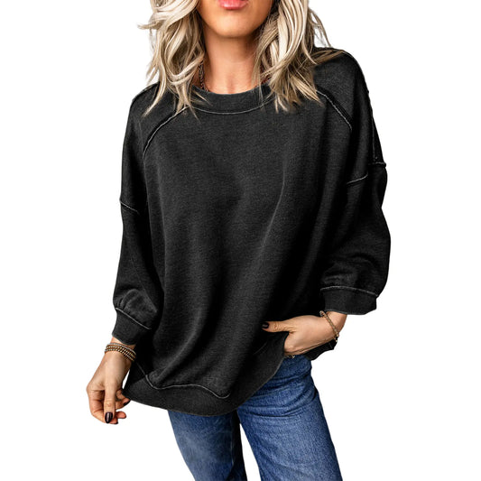 Dokotoo Women's Oversized Acid Wash Pullover Sweatshirt - Vintage Cotton Crew Neck Long Sleeve with Matching Pants