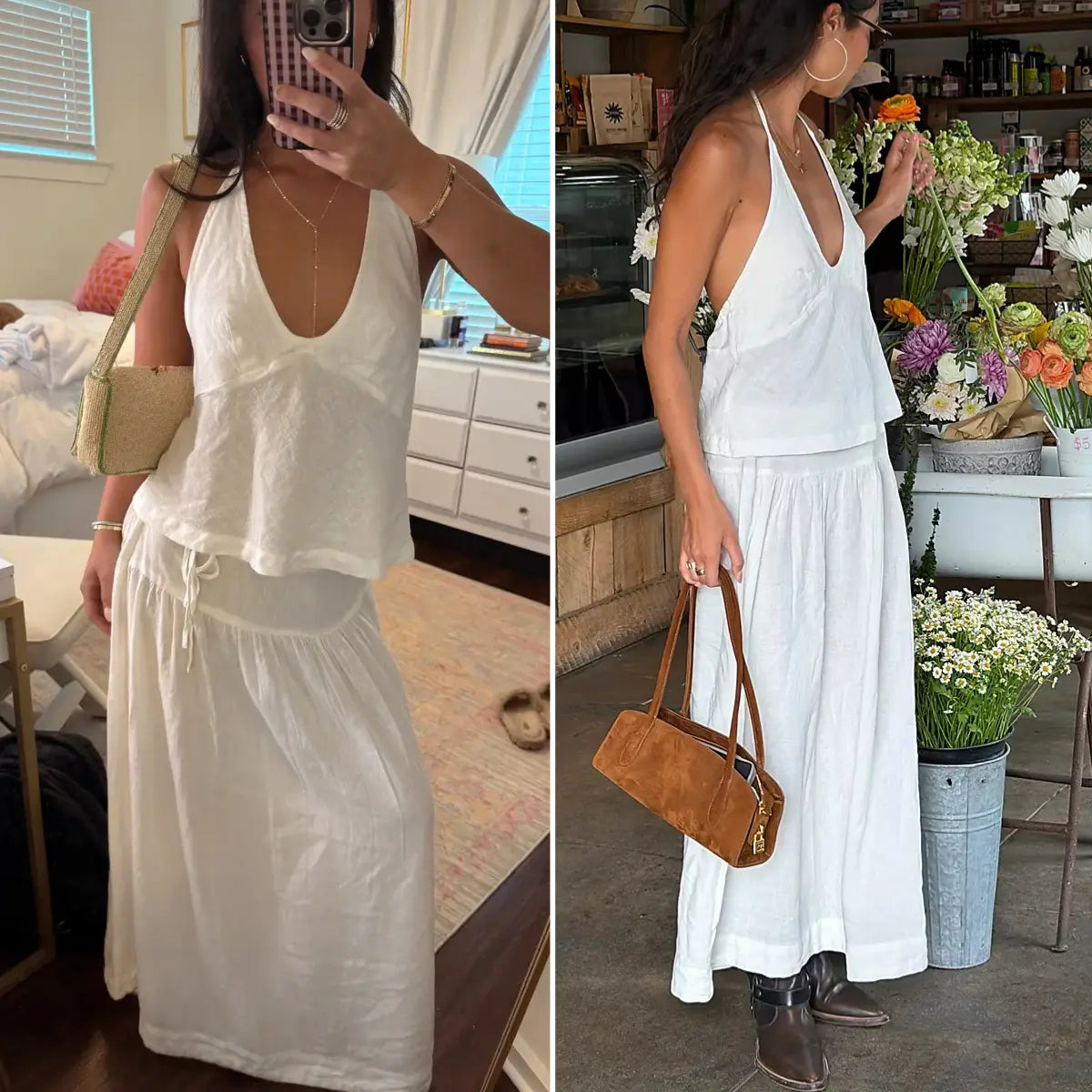 Mibbory 2 Piece Linen Skirt Set for Women 85%Cotton & 15%Linen Summer Outfits Sandshell Linen Skirt Set Sleeveless Halter Open Back Top Maxi Skirt Two Piece Sets with Pockets Cotton Blend Resort Vacation Casual Beach Travel Wear
