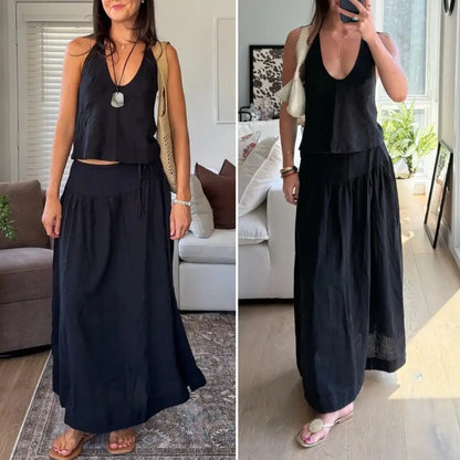 Mibbory 2 Piece Linen Skirt Set for Women 85%Cotton & 15%Linen Summer Outfits Sandshell Linen Skirt Set Sleeveless Halter Open Back Top Maxi Skirt Two Piece Sets with Pockets Cotton Blend Resort Vacation Casual Beach Travel Wear