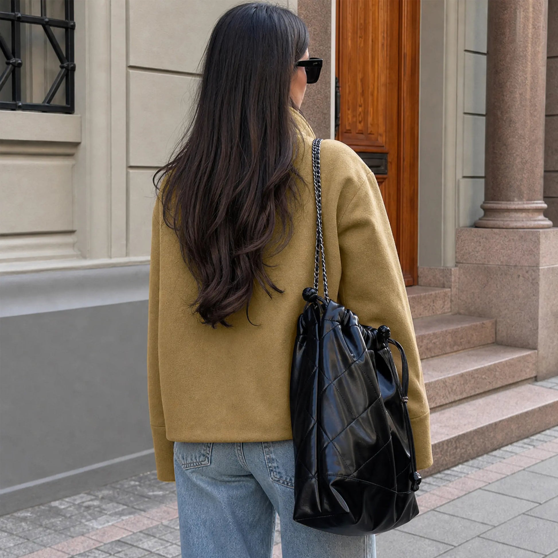 Buenoble Women Oversized Stand Collar Short Wool Blend Pea Coat Loose Double Button Minimalist Winter Casual Outerwear Jacket