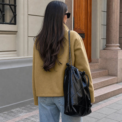 Buenoble Women Oversized Stand Collar Short Wool Blend Pea Coat Loose Double Button Minimalist Winter Casual Outerwear Jacket