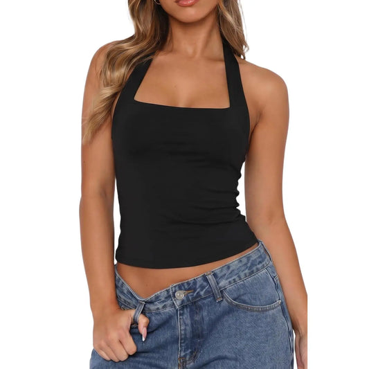 QINSEN Apparel Women'S Backless Halter Tank Top Button Closure Square Neck Double Line Casual Daily Top Going Out Cami
