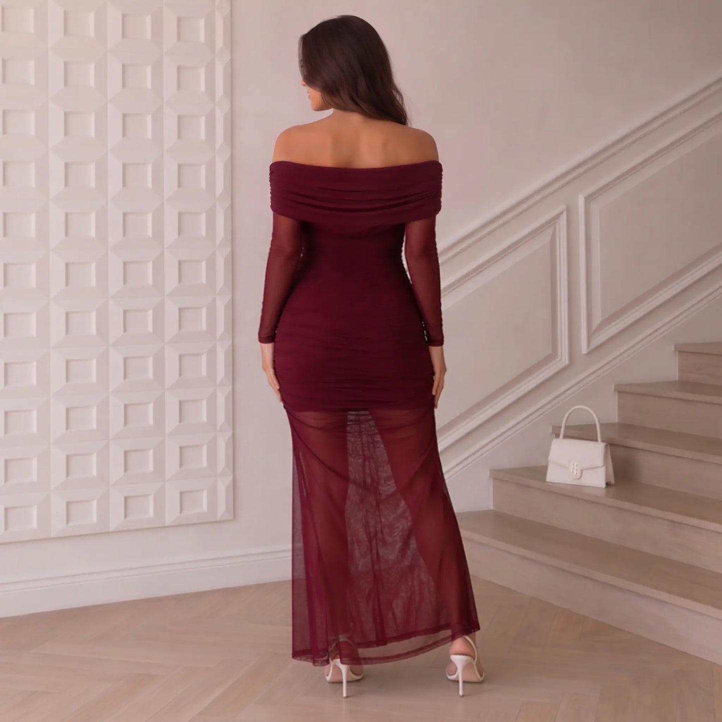Florboom Women's Elegant Off-Shoulder Sheer Mesh Maxi Dress with Long Sleeves and Ruched Bodycon Fit for Evening Events, Cocktail Parties, and Special Occasions