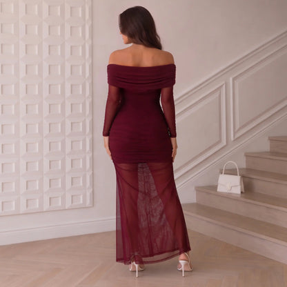 Florboom Women's Elegant Off-Shoulder Sheer Mesh Maxi Dress with Long Sleeves and Ruched Bodycon Fit for Evening Events, Cocktail Parties, and Special Occasions