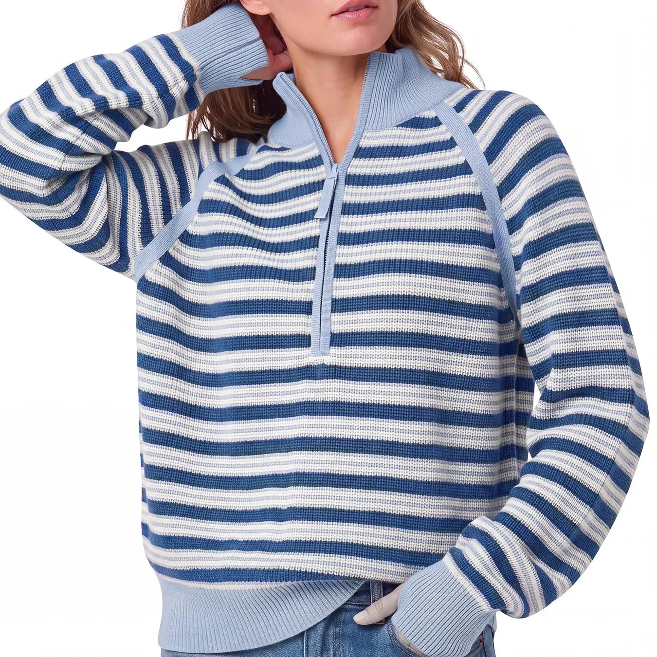 Aswulk Women'S Striped Waffle Knit Half Zip Pullover Long Sleeve Thumb Hole Casual Athleisure Sweater