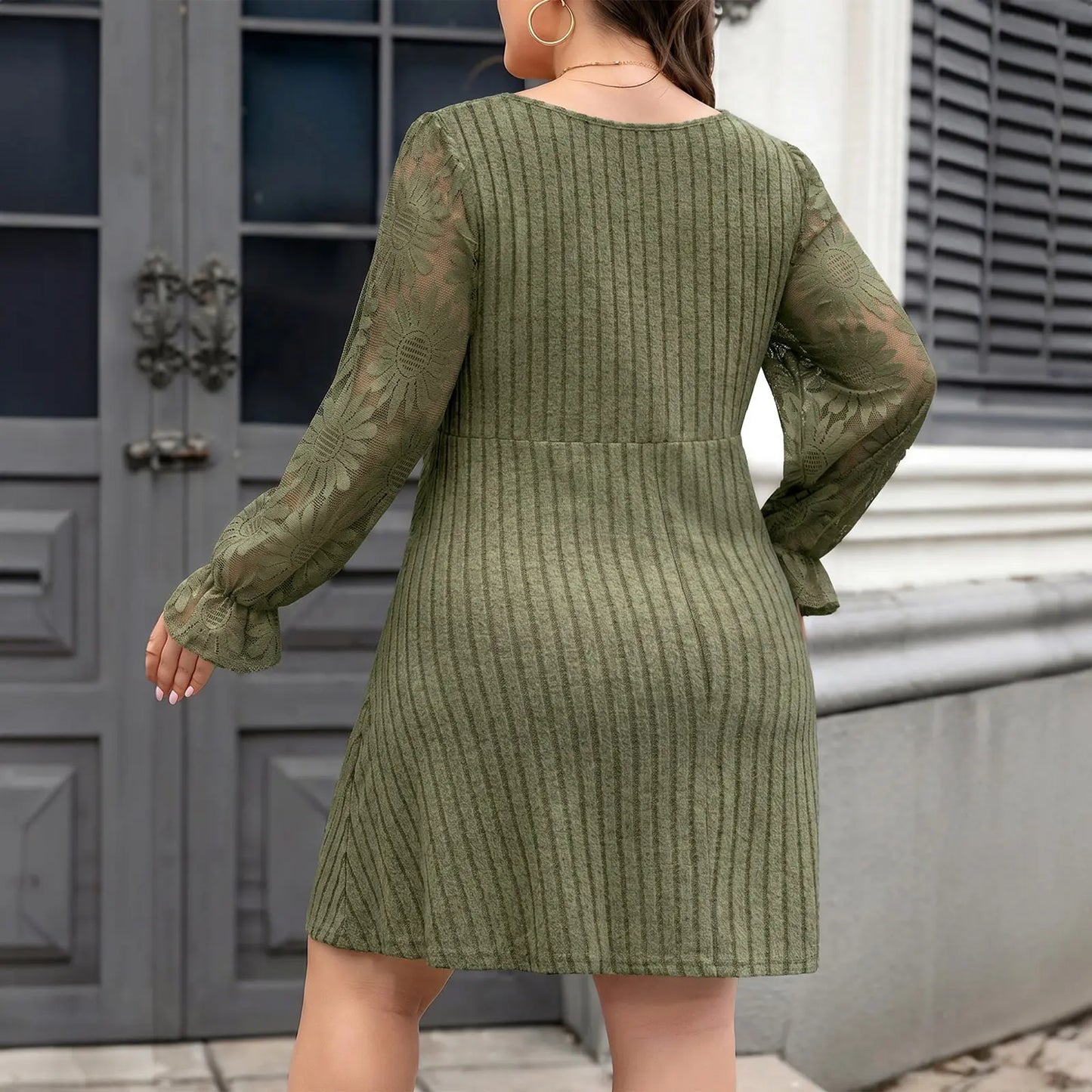 Eytino Womens plus Size Sweetheart Neck Lace Long Flounce Sleeve Ribbed Elegant Mini Dress (1X-5X)