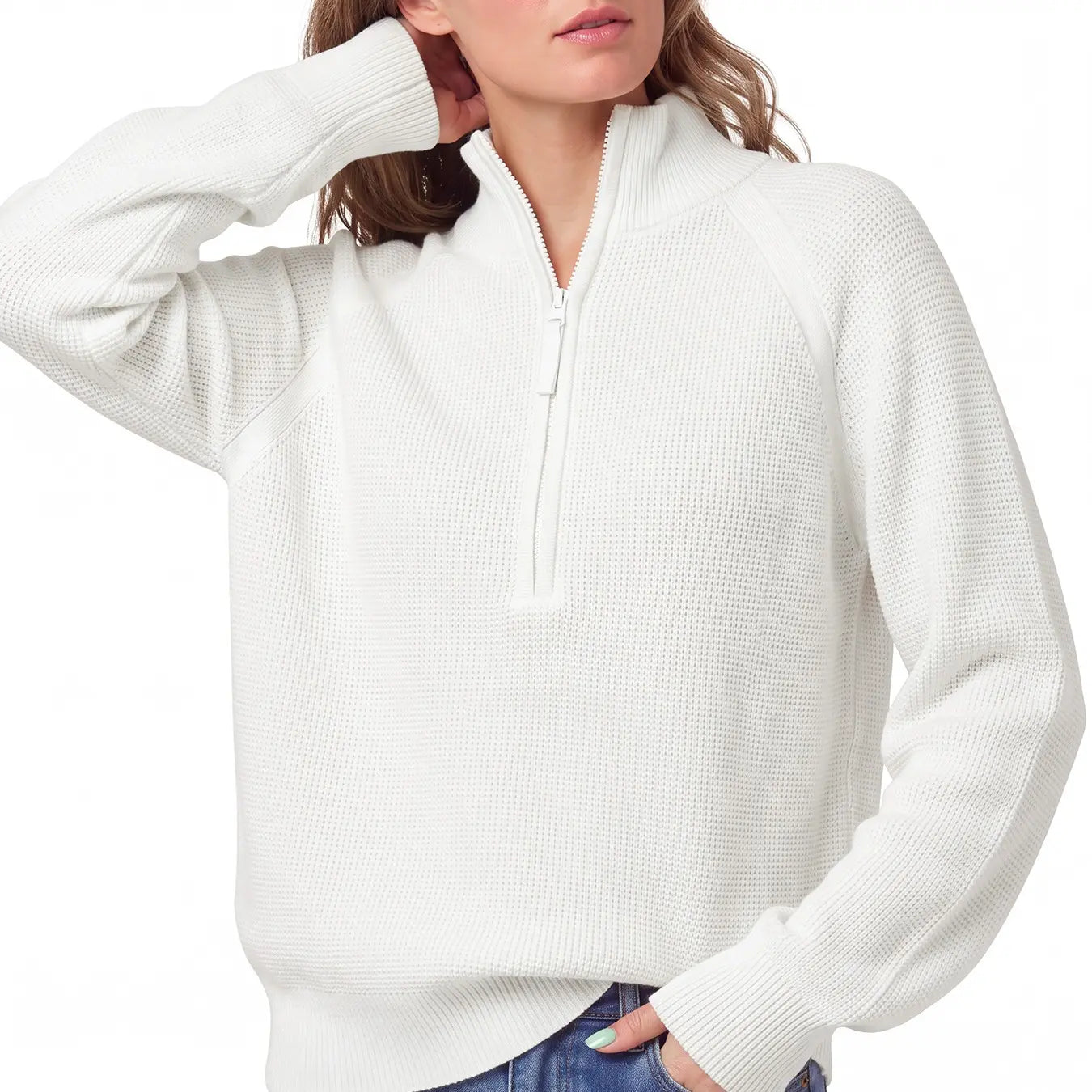 Aswulk Women'S Striped Waffle Knit Half Zip Pullover Long Sleeve Thumb Hole Casual Athleisure Sweater