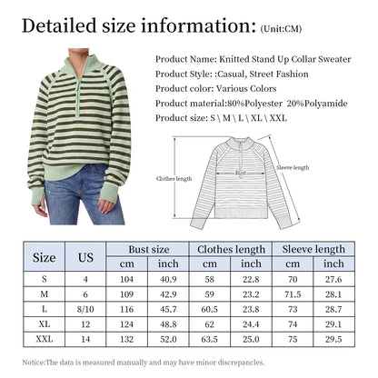 Aswulk Women'S Striped Waffle Knit Half Zip Pullover Long Sleeve Thumb Hole Casual Athleisure Sweater