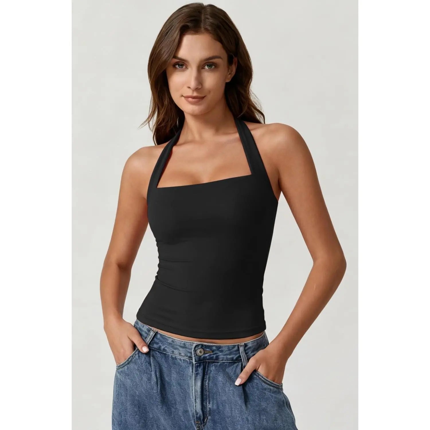 QINSEN Apparel Women'S Backless Halter Tank Top Button Closure Square Neck Double Line Casual Daily Top Going Out Cami
