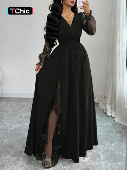 Summer Elegant Black Floral Autumn Dinner Deep V-Neck Lace Patchwork Long Sleeve High Slit Women Dress,Backless Mesh Embroidery Wedding Party Ball Gown