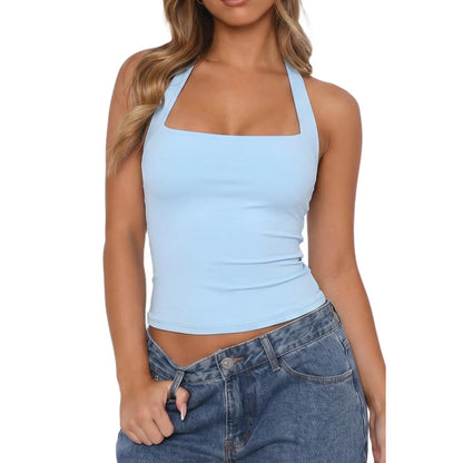QINSEN Apparel Women'S Backless Halter Tank Top Button Closure Square Neck Double Line Casual Daily Top Going Out Cami