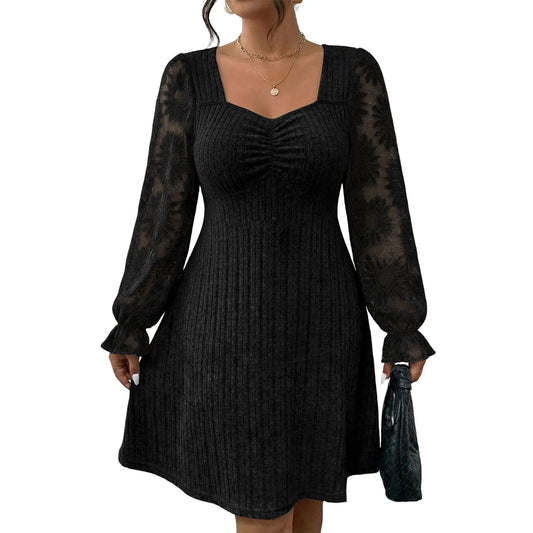 Eytino Womens plus Size Sweetheart Neck Lace Long Flounce Sleeve Ribbed Elegant Mini Dress (1X-5X)