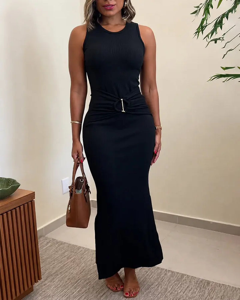 CHICME Women'S Rib Knit Sleeveless Maxi Dress Ruched Gold Buckle High Waist Side Slit Bodycon Dress