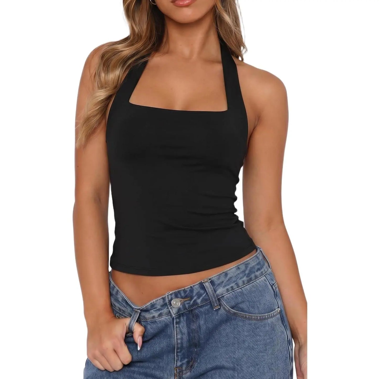 QINSEN Apparel Women'S Backless Halter Tank Top Button Closure Square Neck Double Line Casual Daily Top Going Out Cami