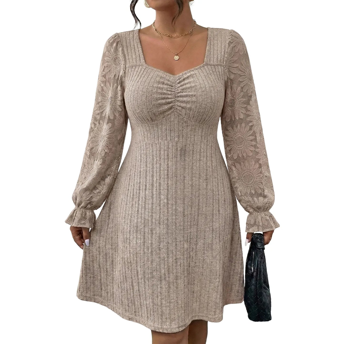 Eytino Womens plus Size Sweetheart Neck Lace Long Flounce Sleeve Ribbed Elegant Mini Dress (1X-5X)