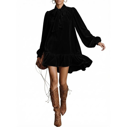 Dokotoo Womens Long Sleeve Casual Mini Dress Summer Fall Tie Neck Ruffle Hem Babydoll Wedding Guest Dress for Vacation