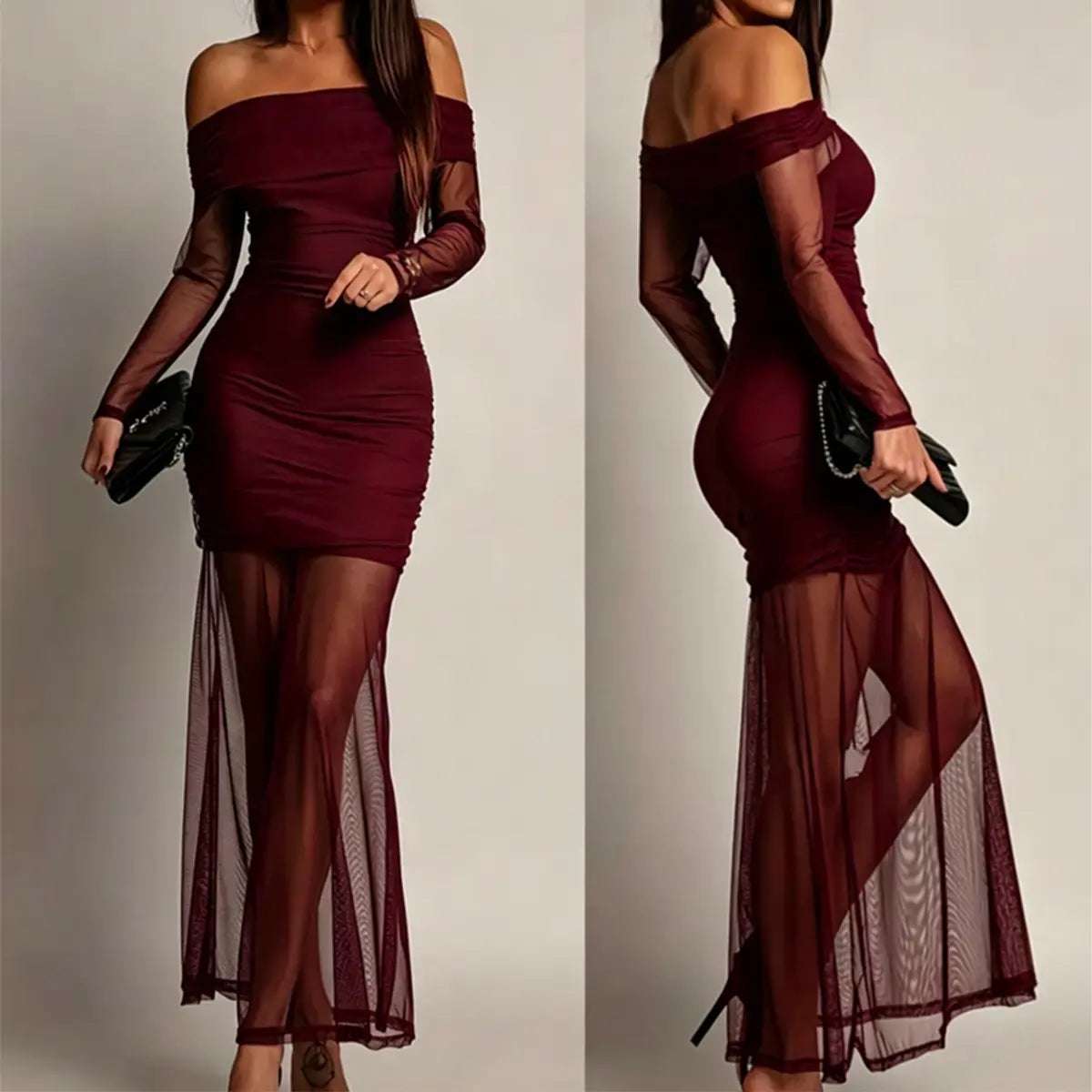 Florboom Women's Elegant Off-Shoulder Sheer Mesh Maxi Dress with Long Sleeves and Ruched Bodycon Fit for Evening Events, Cocktail Parties, and Special Occasions