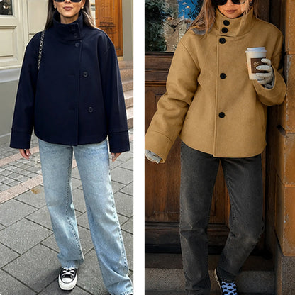 Buenoble Women Oversized Stand Collar Short Wool Blend Pea Coat Loose Double Button Minimalist Winter Casual Outerwear Jacket