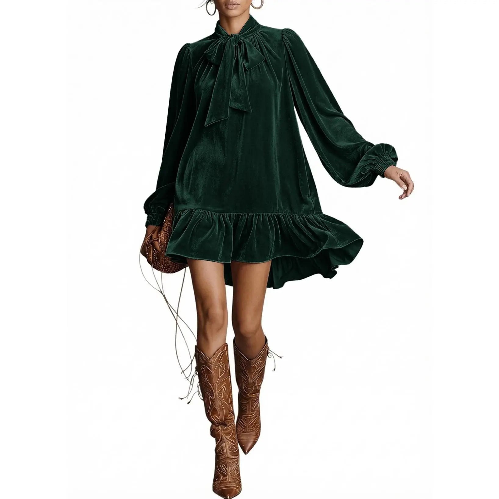 Dokotoo Womens Long Sleeve Casual Mini Dress Summer Fall Tie Neck Ruffle Hem Babydoll Wedding Guest Dress for Vacation