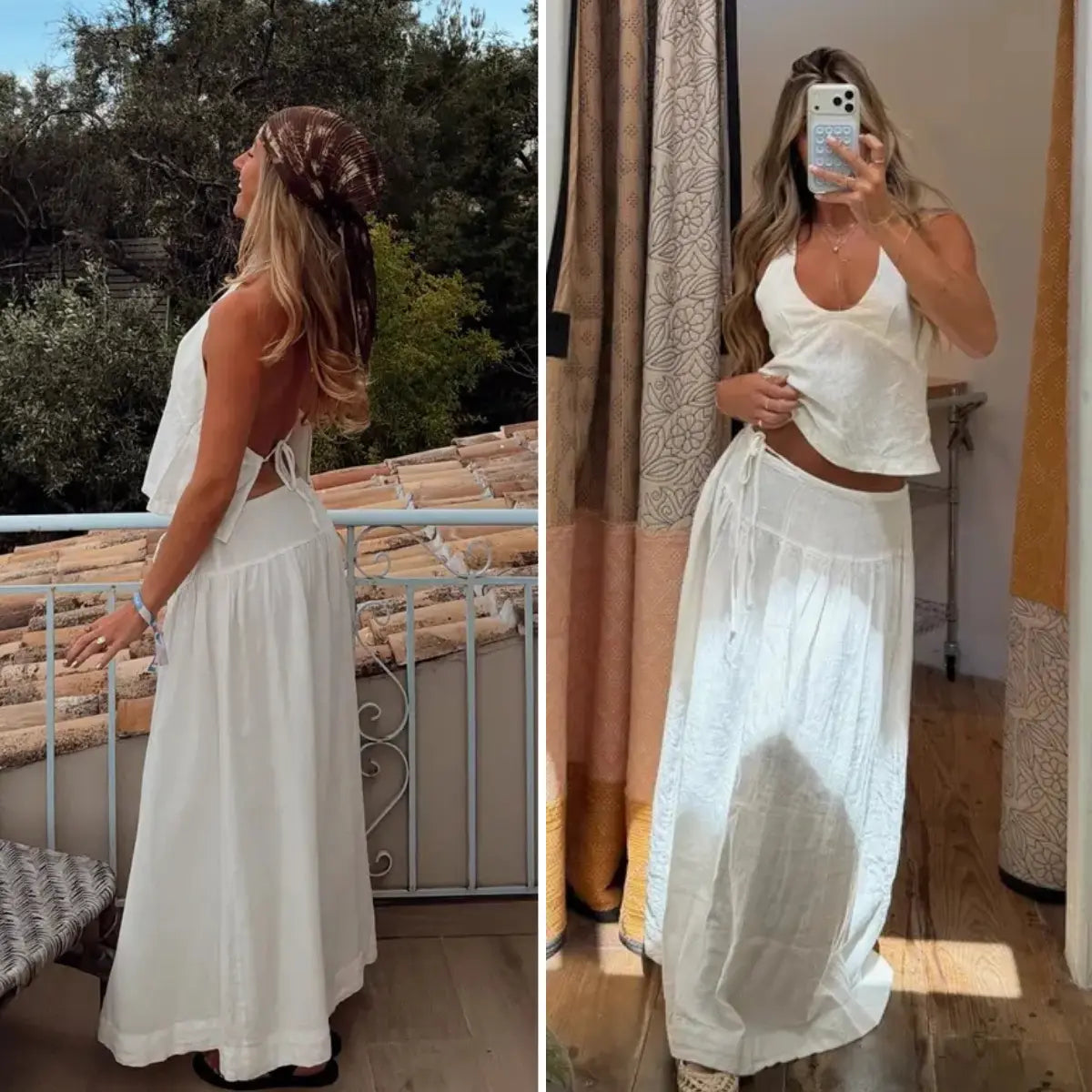 Mibbory 2 Piece Linen Skirt Set for Women 85%Cotton & 15%Linen Summer Outfits Sandshell Linen Skirt Set Sleeveless Halter Open Back Top Maxi Skirt Two Piece Sets with Pockets Cotton Blend Resort Vacation Casual Beach Travel Wear