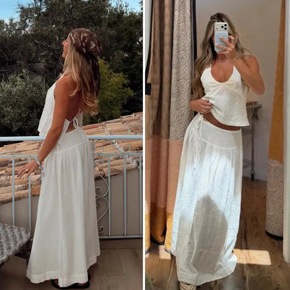 Mibbory 2 Piece Linen Skirt Set for Women 85%Cotton & 15%Linen Summer Outfits Sandshell Linen Skirt Set Sleeveless Halter Open Back Top Maxi Skirt Two Piece Sets with Pockets Cotton Blend Resort Vacation Casual Beach Travel Wear
