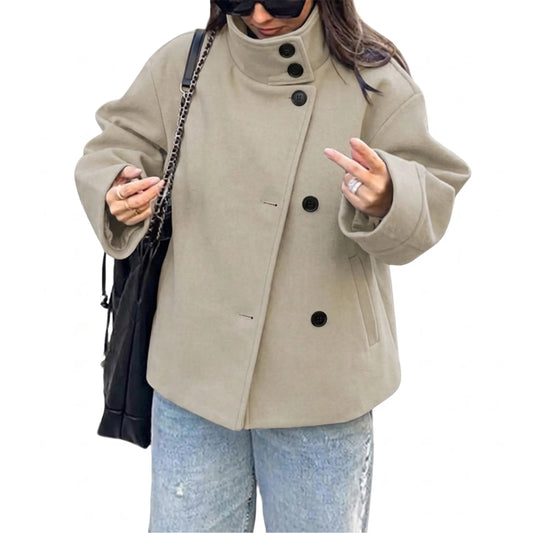 Buenoble Women Oversized Stand Collar Short Wool Blend Pea Coat Loose Double Button Minimalist Winter Casual Outerwear Jacket