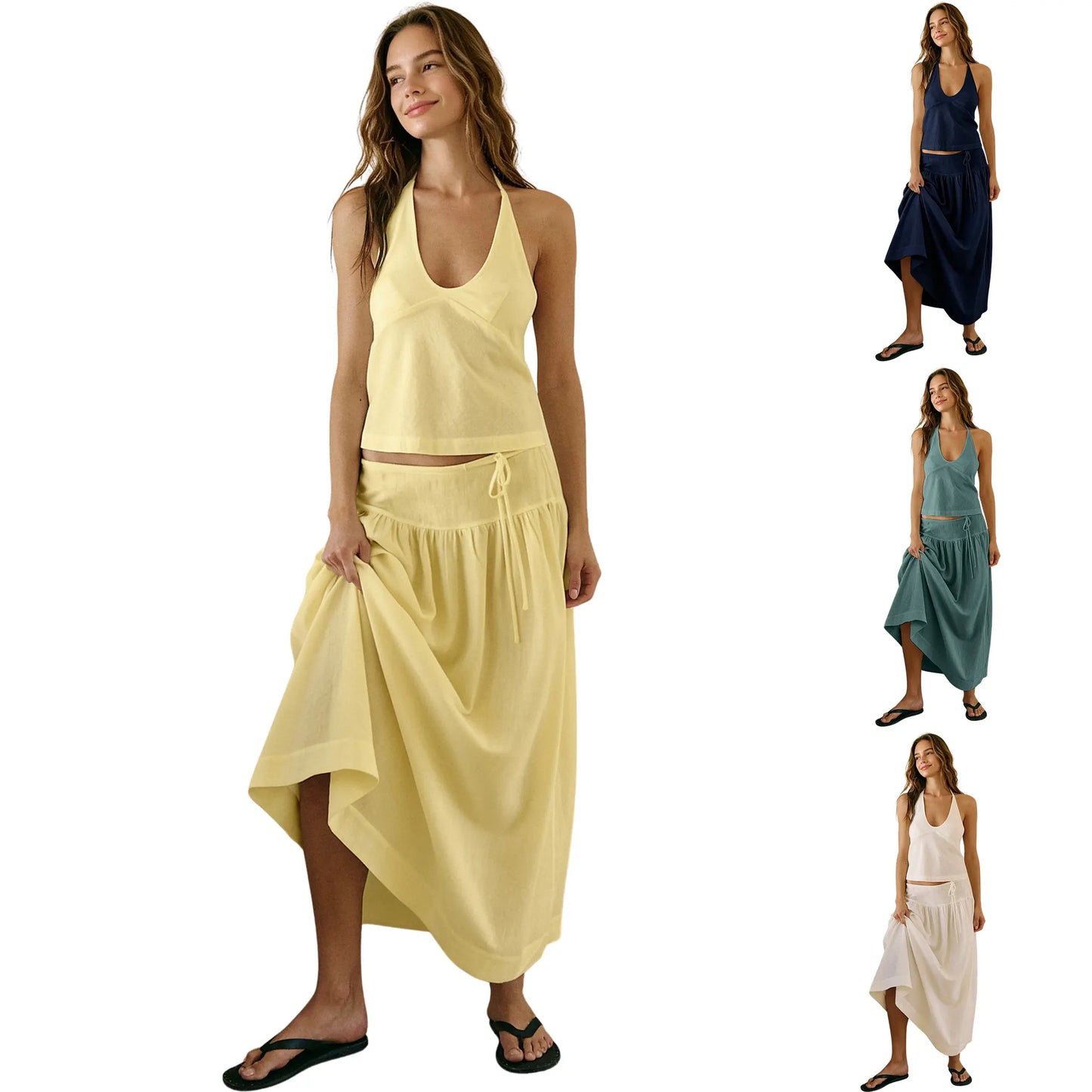 Mibbory 2 Piece Linen Skirt Set for Women 85%Cotton & 15%Linen Summer Outfits Sandshell Linen Skirt Set Sleeveless Halter Open Back Top Maxi Skirt Two Piece Sets with Pockets Cotton Blend Resort Vacation Casual Beach Travel Wear