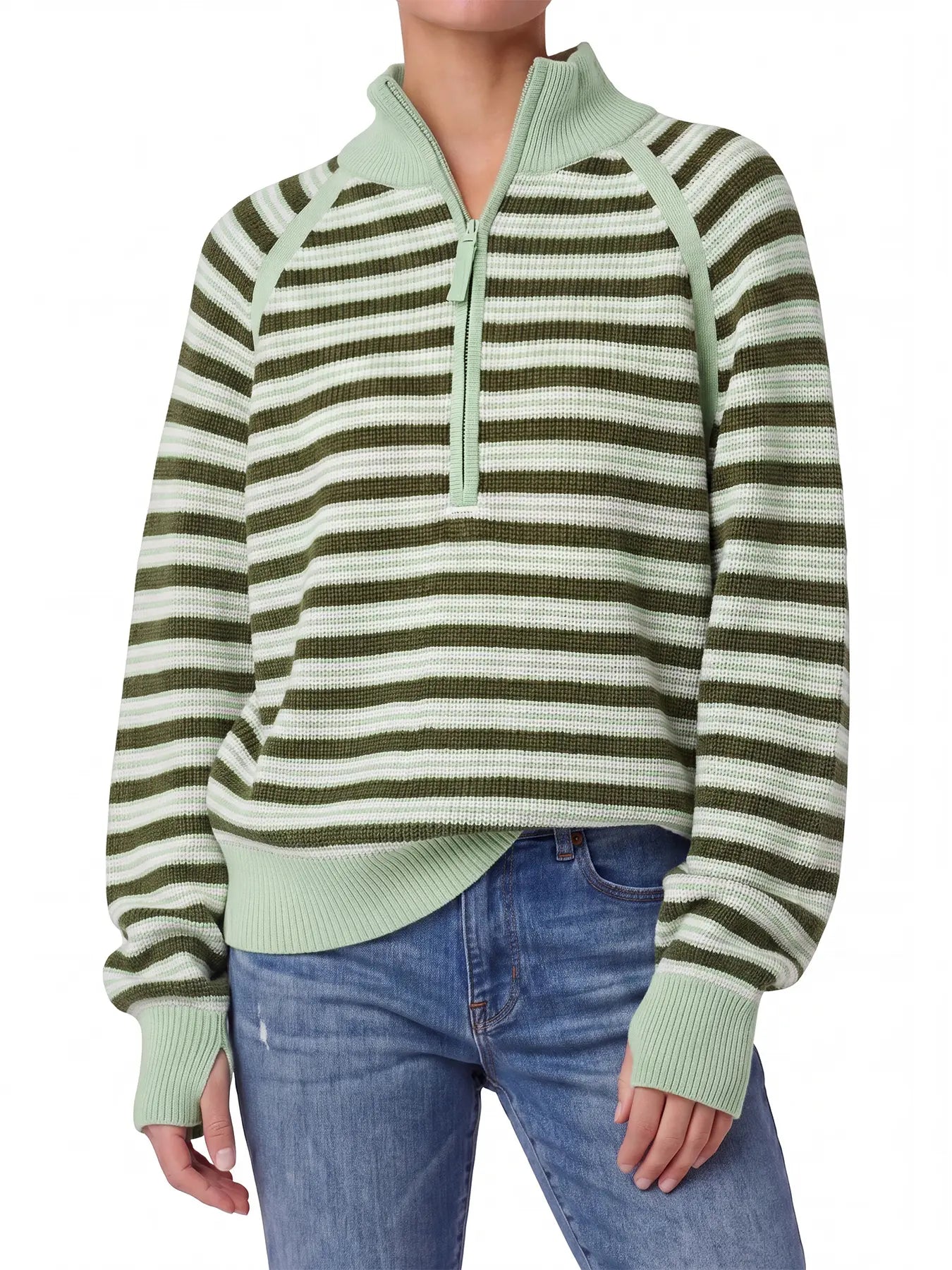 Aswulk Women'S Striped Waffle Knit Half Zip Pullover Long Sleeve Thumb Hole Casual Athleisure Sweater