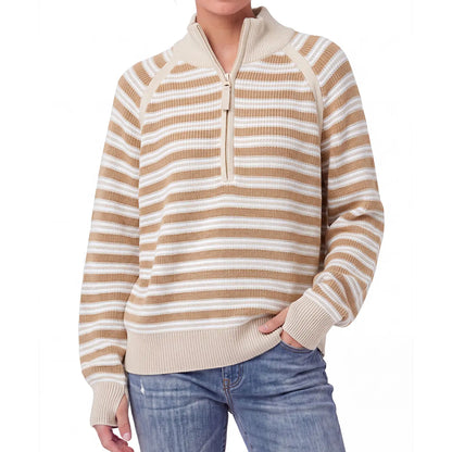 Aswulk Women'S Striped Waffle Knit Half Zip Pullover Long Sleeve Thumb Hole Casual Athleisure Sweater