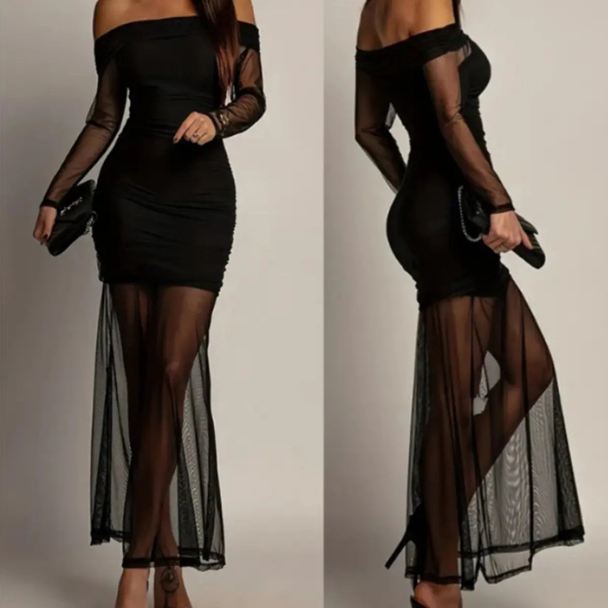 Florboom Women's Elegant Off-Shoulder Sheer Mesh Maxi Dress with Long Sleeves and Ruched Bodycon Fit for Evening Events, Cocktail Parties, and Special Occasions