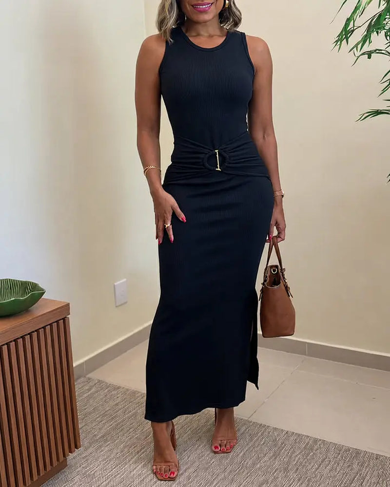 CHICME Women'S Rib Knit Sleeveless Maxi Dress Ruched Gold Buckle High Waist Side Slit Bodycon Dress