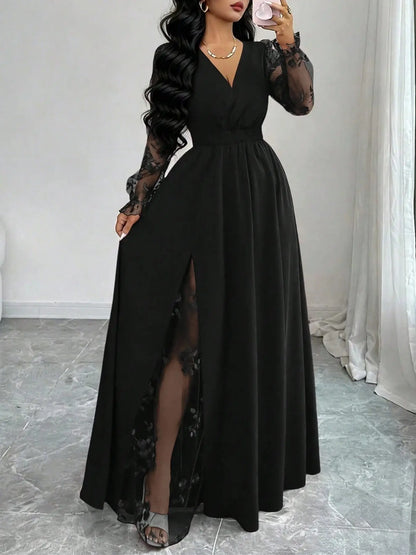 Summer Elegant Black Floral Autumn Dinner Deep V-Neck Lace Patchwork Long Sleeve High Slit Women Dress,Backless Mesh Embroidery Wedding Party Ball Gown