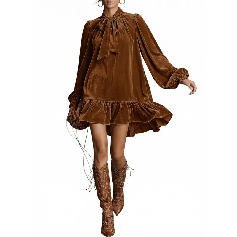 Dokotoo Womens Long Sleeve Casual Mini Dress Summer Fall Tie Neck Ruffle Hem Babydoll Wedding Guest Dress for Vacation